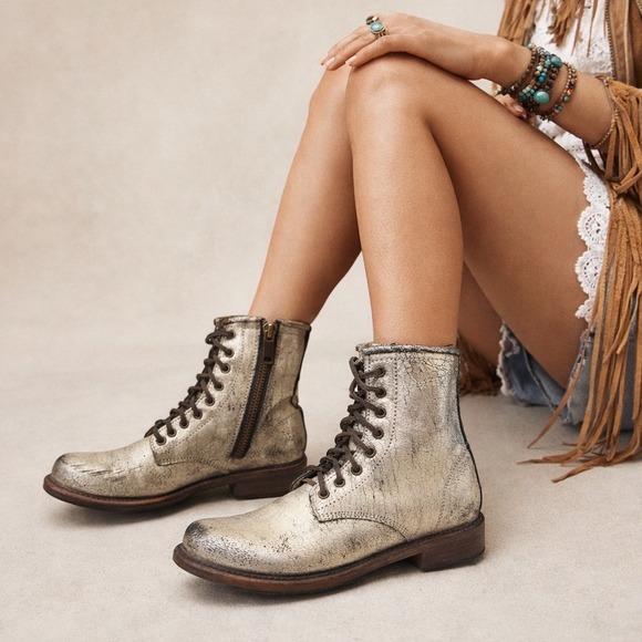 freebird Shoes - Freebird Manchester Combat Boots Women Size 8 distressed metallic Leather Silver